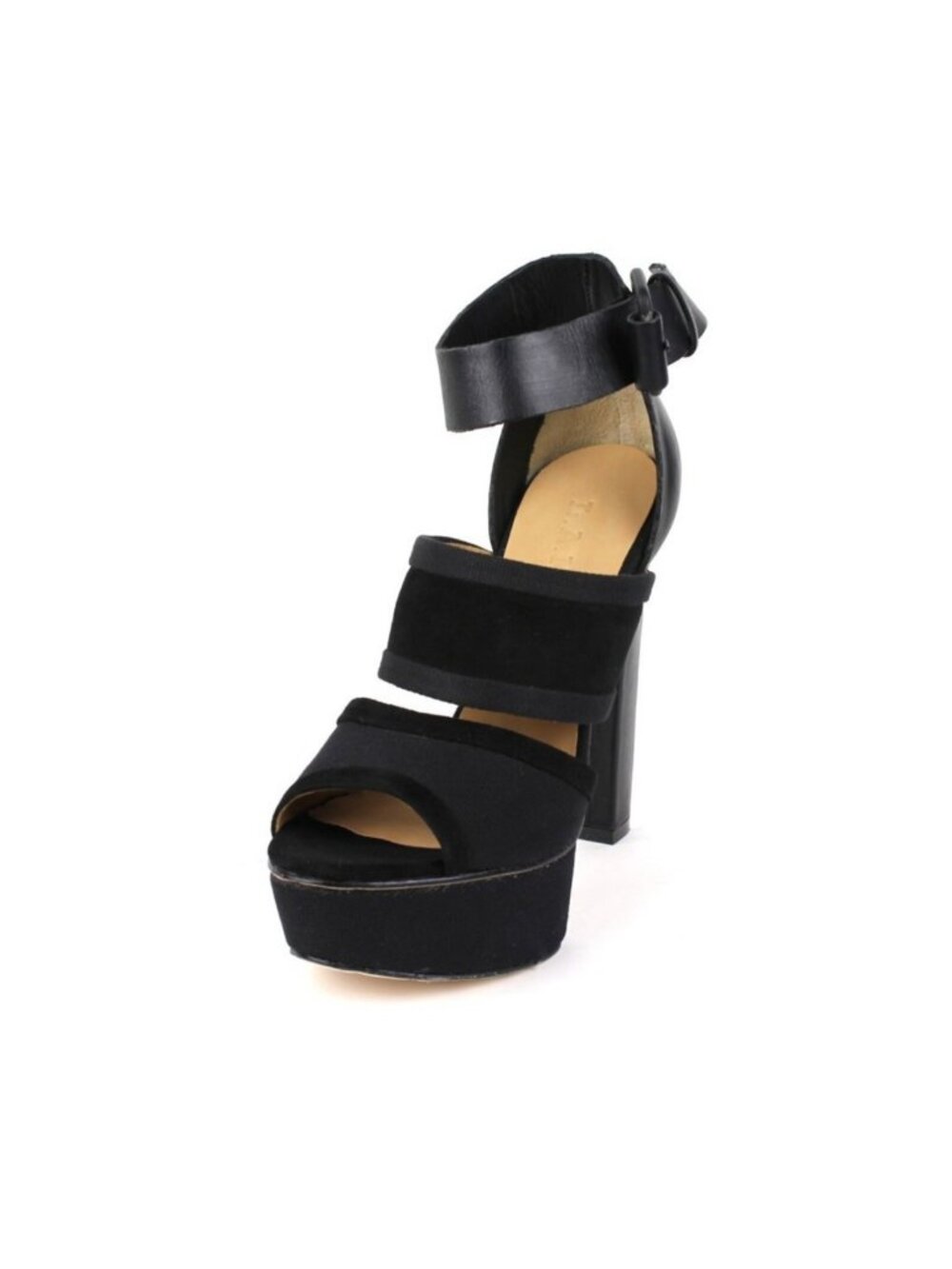 Gwen Stefani L.A.M.B. Burnet Black Sandal Heels Leather Canvas Platform Buckle